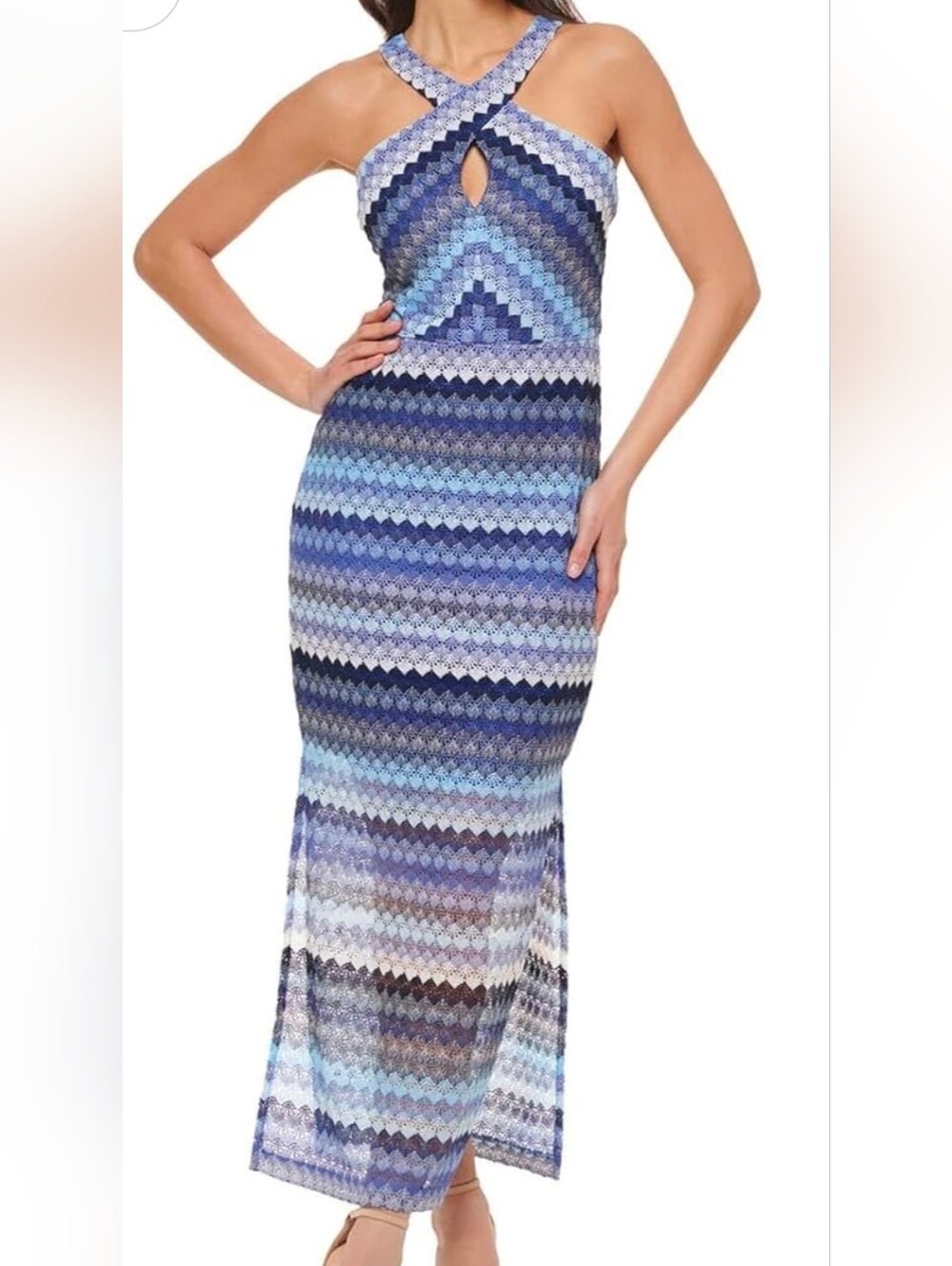 GUESS Blue Lace Halter Maxi Dress Size 12 | Keyhole Neck Formal Gown